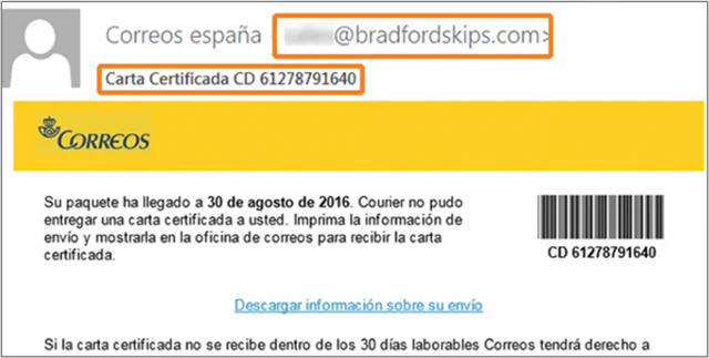Email impersonating Correos brand
